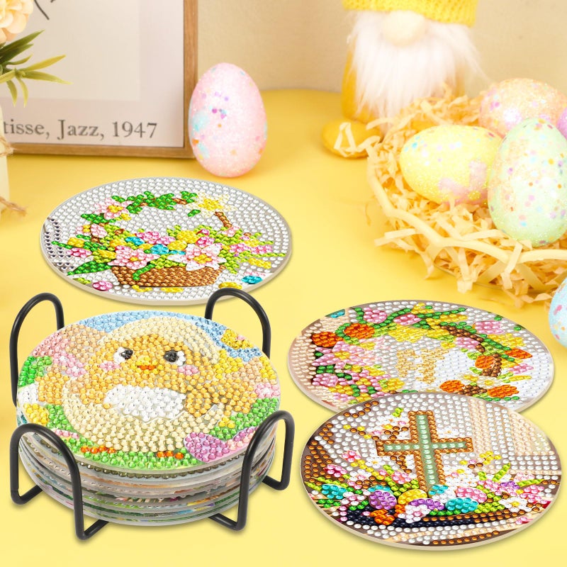 UPINS 8 Pieces Easter Diamond Art Coasters,Bunnies Diamond Art Coaster for Adults Diamond Kits Supplies for Spring Easter Gift - Image 3