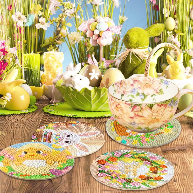 UPINS 8 Pieces Easter Diamond Art Coasters,Bunnies Diamond Art Coaster for Adults Diamond Kits Supplies for Spring Easter Gift - Image 5