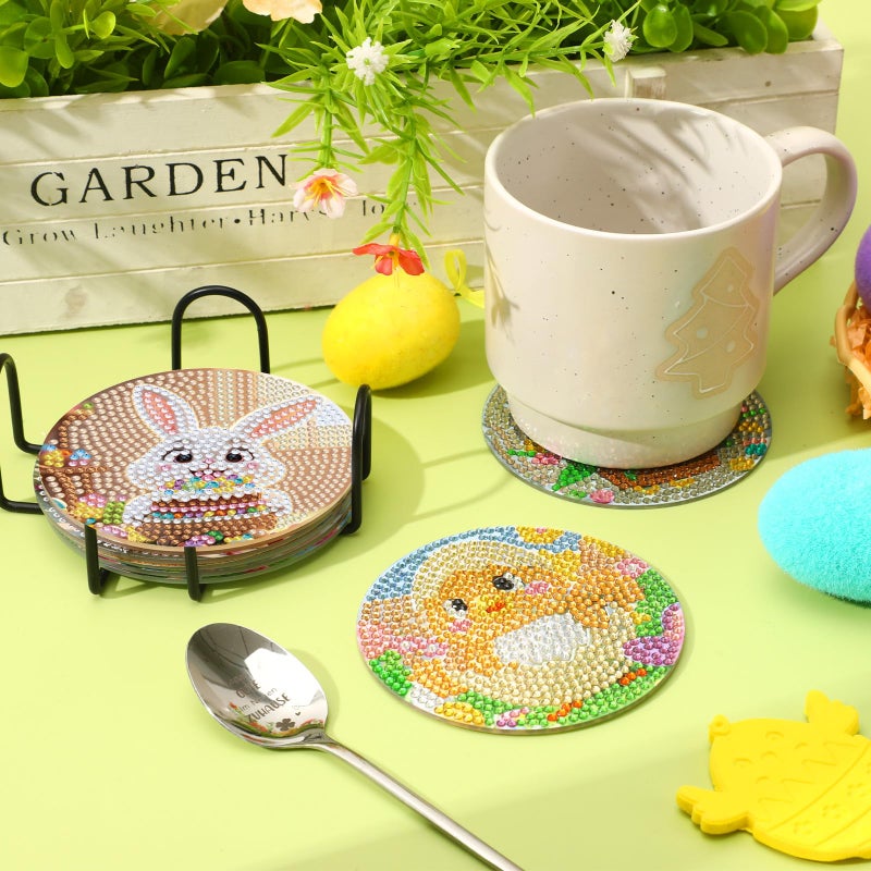 UPINS 8 Pieces Easter Diamond Art Coasters,Bunnies Diamond Art Coaster for Adults Diamond Kits Supplies for Spring Easter Gift - Image 4