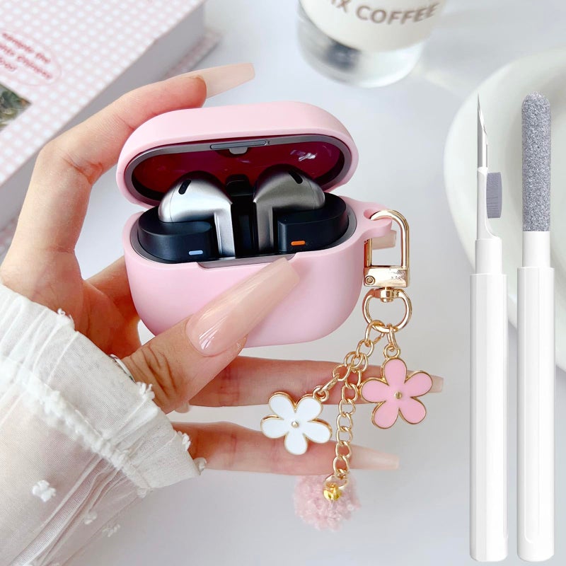 OTOPO Cute Pink Case for Samsung Galaxy Buds 3/3 Pro/3 FE Cover for Girl Women with Pom pom Flower Keychain & Cleaner Pen, Soft Silicone Galaxy Bud Pro 3/Buds3/Bud 3 FE Protective Cover Skin - Image 1