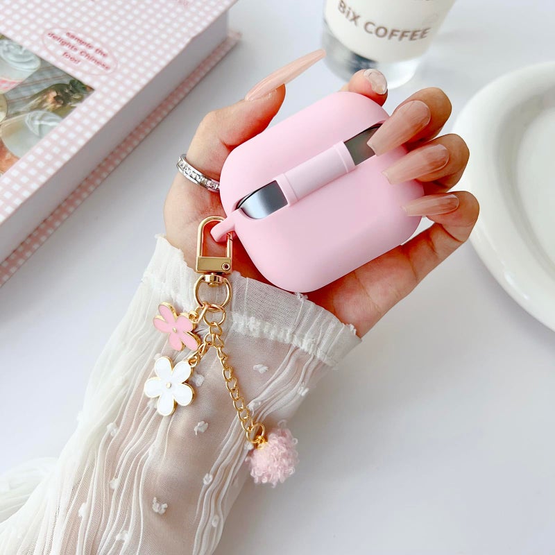 OTOPO Cute Pink Case for Samsung Galaxy Buds 3/3 Pro/3 FE Cover for Girl Women with Pom pom Flower Keychain & Cleaner Pen, Soft Silicone Galaxy Bud Pro 3/Buds3/Bud 3 FE Protective Cover Skin - Image 3