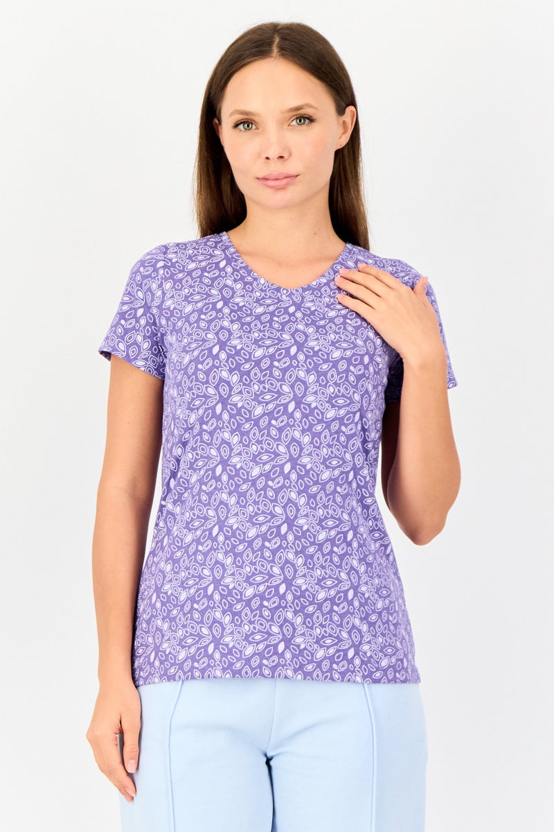 zivame Rosaline x Zivame Women Crew Neck Allover Print Short Sleeve Sleepwear Top, Purple - Image 1