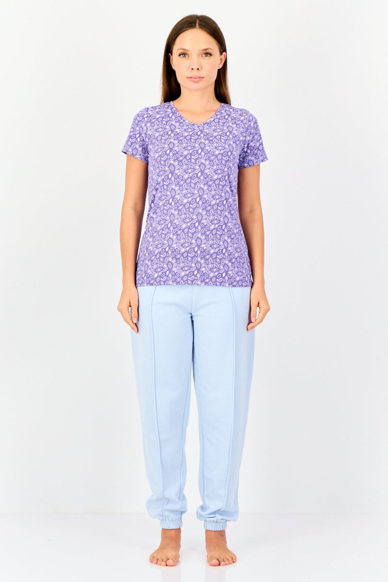 zivame Rosaline x Zivame Women Crew Neck Allover Print Short Sleeve Sleepwear Top, Purple - Image 3