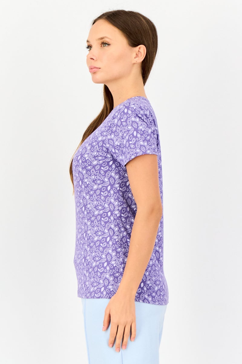 zivame Rosaline x Zivame Women Crew Neck Allover Print Short Sleeve Sleepwear Top, Purple - Image 2