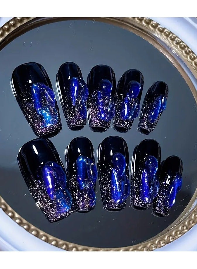 Rozino 10pcs Handmade Wearable Nail Heavy Industry Gradient Hand-painted Spring Flash Diamond Girl Reusable with Tool Kit Pure Handmade Wearable Nail Manicure - LARGE  - Image 1