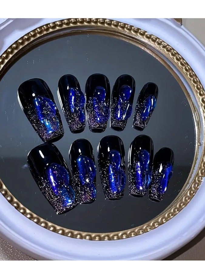 Rozino 10pcs Handmade Wearable Nail Heavy Industry Gradient Hand-painted Spring Flash Diamond Girl Reusable with Tool Kit Pure Handmade Wearable Nail Manicure - LARGE  - Image 4