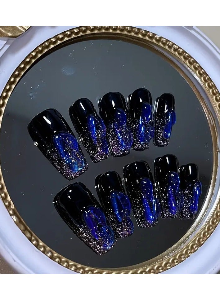 Rozino 10pcs Handmade Wearable Nail Heavy Industry Gradient Hand-painted Spring Flash Diamond Girl Reusable with Tool Kit Pure Handmade Wearable Nail Manicure - LARGE  - Image 5
