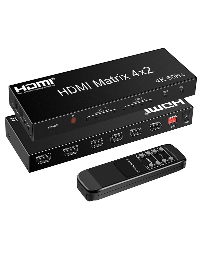 مصفوفة HDMI 4×2، 4K@60Hz 4 في 2 منفذ HDMI مقسم مع جهاز تحكم عن بعد بالاشعة تحت الحمراء، مفتاح مصفوفة HDMI + بصري + مخرج صوت 3.5 ملم، يدعم HDMI2.0 وHDCP2.2 وخفض مستوى تلقائي وثلاثي الابعاد ومستخرج صوت - Image 1