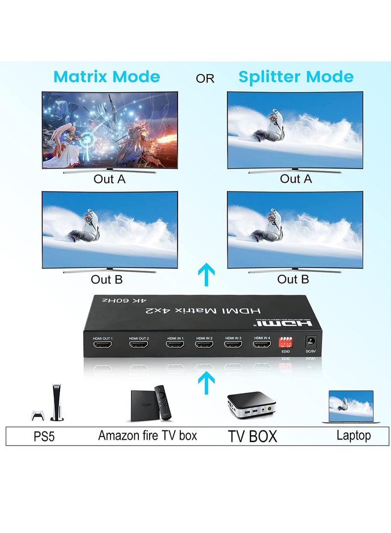 مصفوفة HDMI 4×2، 4K@60Hz 4 في 2 منفذ HDMI مقسم مع جهاز تحكم عن بعد بالاشعة تحت الحمراء، مفتاح مصفوفة HDMI + بصري + مخرج صوت 3.5 ملم، يدعم HDMI2.0 وHDCP2.2 وخفض مستوى تلقائي وثلاثي الابعاد ومستخرج صوت - Image 3