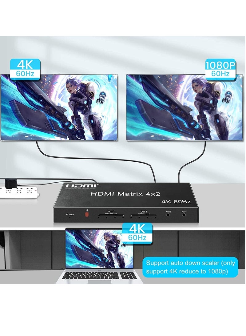 مصفوفة HDMI 4×2، 4K@60Hz 4 في 2 منفذ HDMI مقسم مع جهاز تحكم عن بعد بالاشعة تحت الحمراء، مفتاح مصفوفة HDMI + بصري + مخرج صوت 3.5 ملم، يدعم HDMI2.0 وHDCP2.2 وخفض مستوى تلقائي وثلاثي الابعاد ومستخرج صوت - Image 4