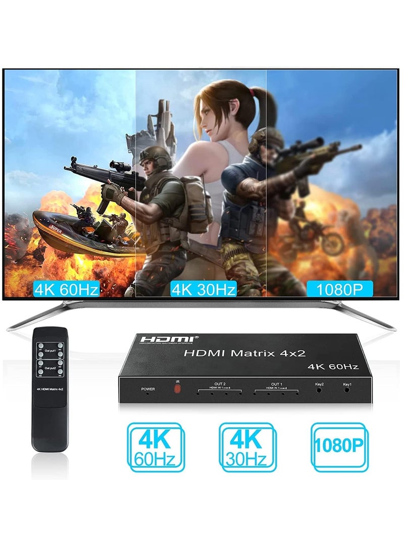 مصفوفة HDMI 4×2، 4K@60Hz 4 في 2 منفذ HDMI مقسم مع جهاز تحكم عن بعد بالاشعة تحت الحمراء، مفتاح مصفوفة HDMI + بصري + مخرج صوت 3.5 ملم، يدعم HDMI2.0 وHDCP2.2 وخفض مستوى تلقائي وثلاثي الابعاد ومستخرج صوت - Image 5