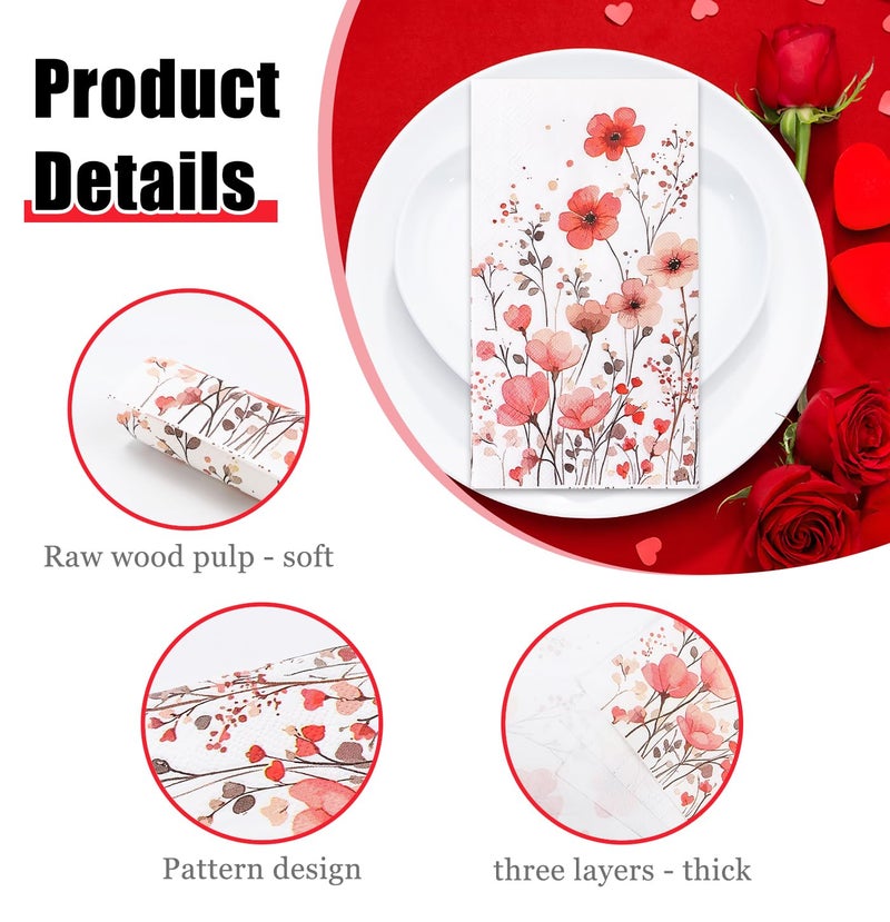 HEIPINIUYE 50 Pieces 3-ply Spring Floral Paper Napkins Red Flower Guest Napkins Disposable Hand Towels for Bathroom Wedding Birthday Valentines Party Dinner Napkins - Image 3