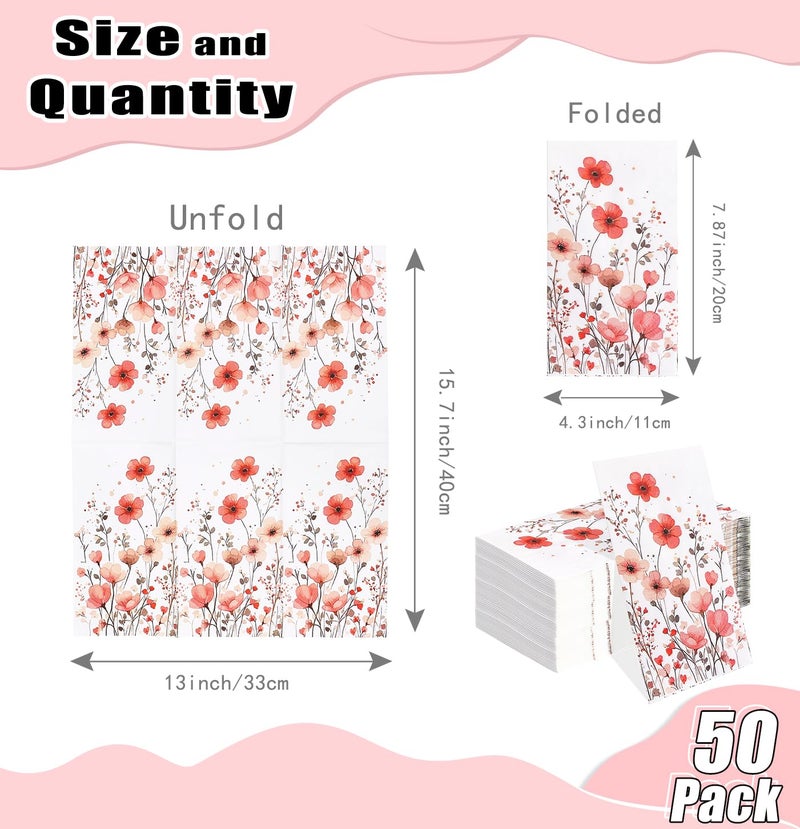 HEIPINIUYE 50 Pieces 3-ply Spring Floral Paper Napkins Red Flower Guest Napkins Disposable Hand Towels for Bathroom Wedding Birthday Valentines Party Dinner Napkins - Image 2