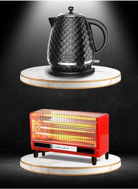 A set consisting of a 1.7 liter electric kettle, 2200 watts, and a 2000 watt electric heater with 4 candles and a temperature control switch.