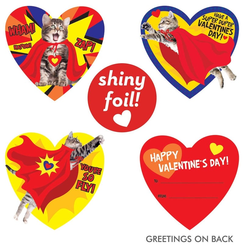 Playhouse Super Hero Kitty Shiny Foil 28 Card Valentine Exchange Box with Envelopes for Kids - Image 2