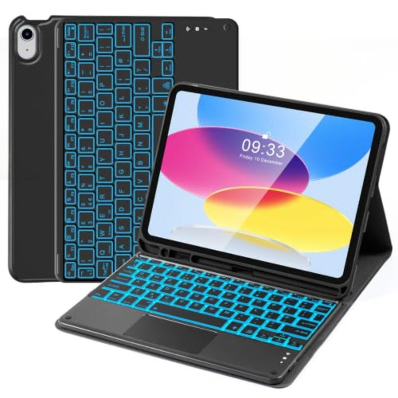 حافظة لوحة مفاتيح بإضاءة خلفية بـ 7 ألوان لجهاز iPad A16 11th 2025/10th Gen 2022: سبائك الألومنيوم، أسود، حامل قلم رصاص ذكي قابل للفصل - Image 1