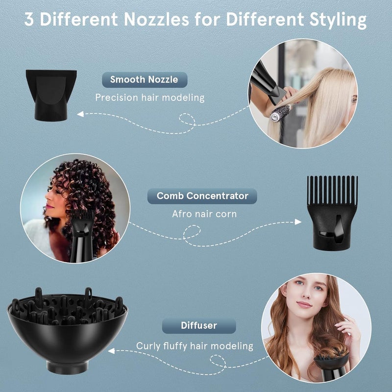 LinJie Hair Dryer, 3 Heating/3 Speed/Cold Fast Drying Low-Noise Hairdrier, Salon Professional Hair Dryer With Diffuser, Nozzle,Straighteners，Curling Iron -Twelve Items(Black) - Image 4