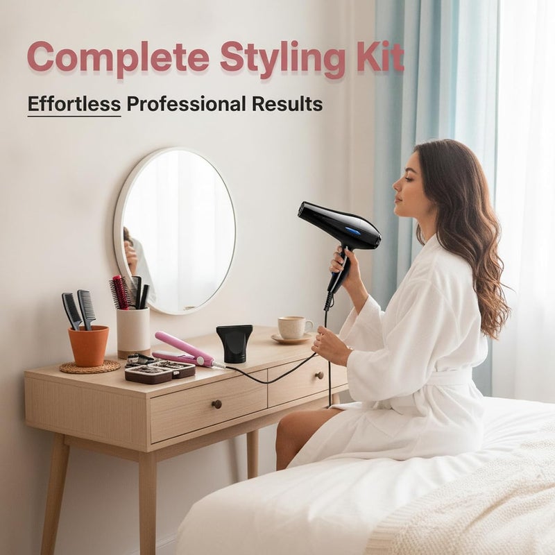 LinJie Hair Dryer, 3 Heating/3 Speed/Cold Fast Drying Low-Noise Hairdrier, Salon Professional Hair Dryer With Diffuser, Nozzle,Straighteners，Curling Iron -Twelve Items(Black) - Image 5