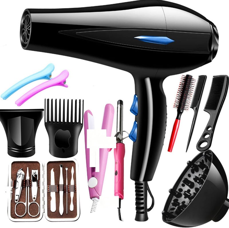 LinJie Hair Dryer, 3 Heating/3 Speed/Cold Fast Drying Low-Noise Hairdrier, Salon Professional Hair Dryer With Diffuser, Nozzle,Straighteners，Curling Iron -Twelve Items(Black) - Image 1