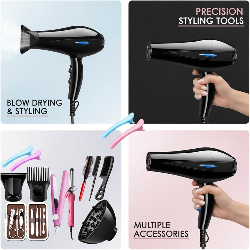 LinJie Hair Dryer, 3 Heating/3 Speed/Cold Fast Drying Low-Noise Hairdrier, Salon Professional Hair Dryer With Diffuser, Nozzle,Straighteners，Curling Iron -Twelve Items(Black) - Image 3