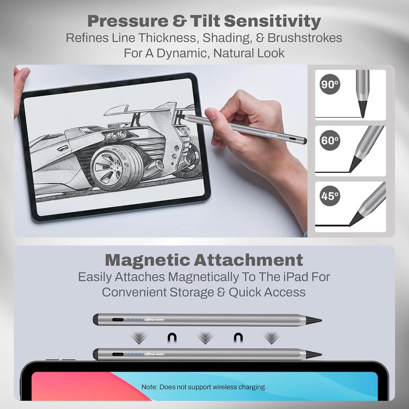 case-magic iPad Pencil Active Stylus Pen with Palm Rejection, Tilt Sensor, High Precision Tip| for only iPad 2018-2024 iPad(6/7/8/9/10) Air(3/4/5/M2) Pro 11"(1/2/3/4) Pro 12.9"(3/4/5/6/M4) (Silver) - Image 4