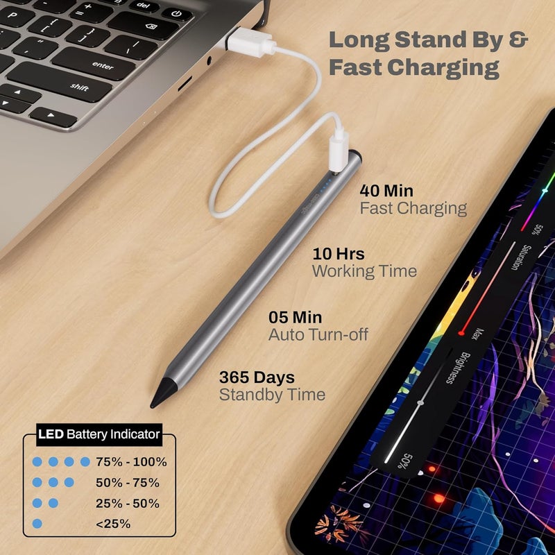 case-magic iPad Pencil Active Stylus Pen with Palm Rejection, Tilt Sensor, High Precision Tip| for only iPad 2018-2024 iPad(6/7/8/9/10) Air(3/4/5/M2) Pro 11"(1/2/3/4) Pro 12.9"(3/4/5/6/M4) (Silver) - Image 5