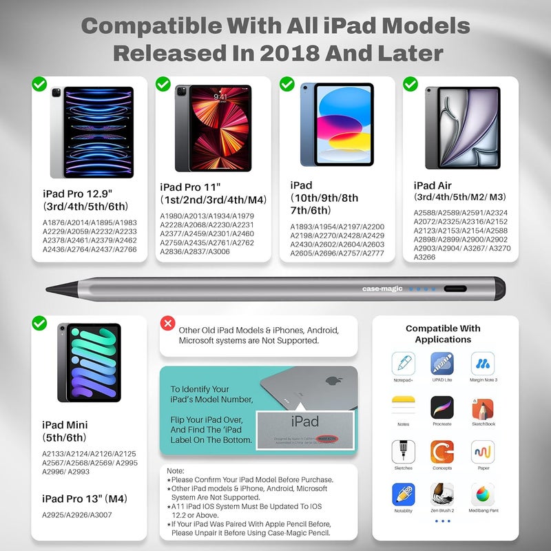 case-magic iPad Pencil Active Stylus Pen with Palm Rejection, Tilt Sensor, High Precision Tip| for only iPad 2018-2024 iPad(6/7/8/9/10) Air(3/4/5/M2) Pro 11"(1/2/3/4) Pro 12.9"(3/4/5/6/M4) (Silver) - Image 2