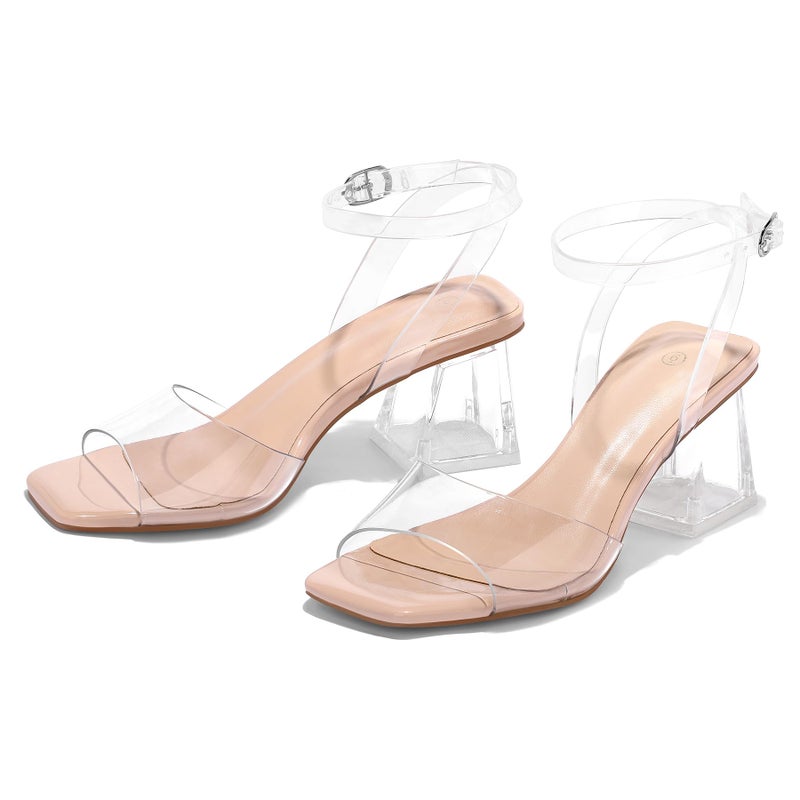 mysoft Women's Clear Heels Low Chunky Heel Open Toe Transparent Zebra Rhinestones Block Heeled Sandals Ankle Strap Shoes - Image 5