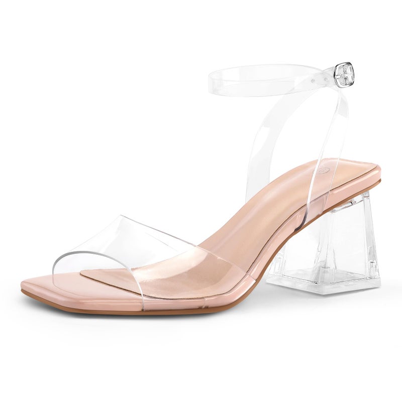 mysoft Women's Clear Heels Low Chunky Heel Open Toe Transparent Zebra Rhinestones Block Heeled Sandals Ankle Strap Shoes - Image 1