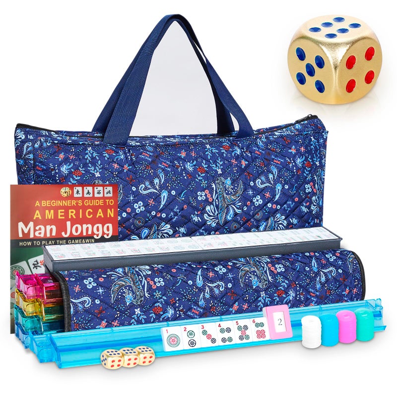 Taikula New American Mahjong Game Set 166 Premium White Tiles with Portable Metal Dices 4 AllinOne Racks with Pushers MahJong Games Sets Ma Jong Tile Game Blue - Image 4