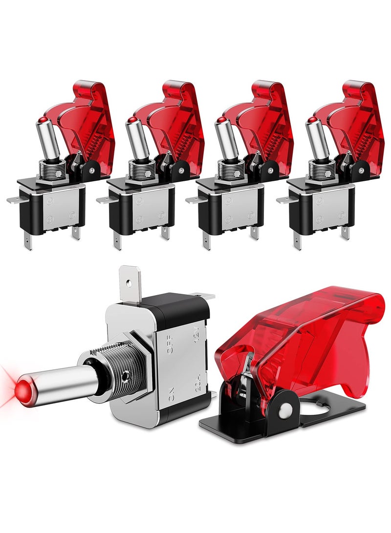 Red 12V LED Lighted Toggle Switch with Aircraft Guard Safety Flip Cover 12 Volt 20A Heavy Duty Covered Illuminated Lit for Racing Auto Car Automotive Cars Trucks Boats Racking - Image 1