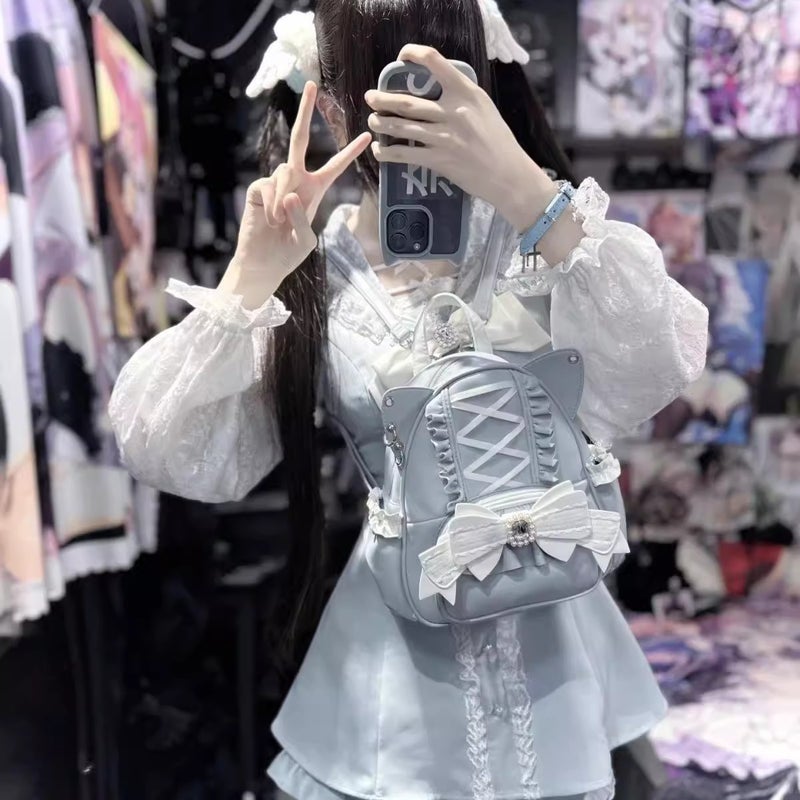 Lace Cat-Ear Backpack for Students, Large Capacity Lolita Style - Image 1