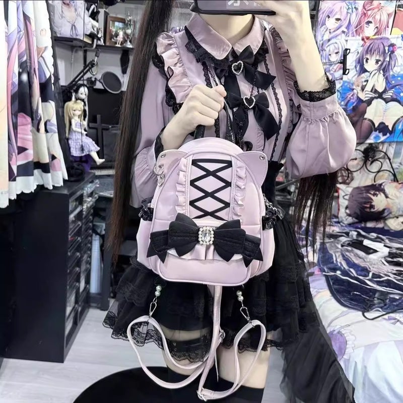 Lace Cat-Ear Backpack for Students, Large Capacity Lolita Style - Image 3