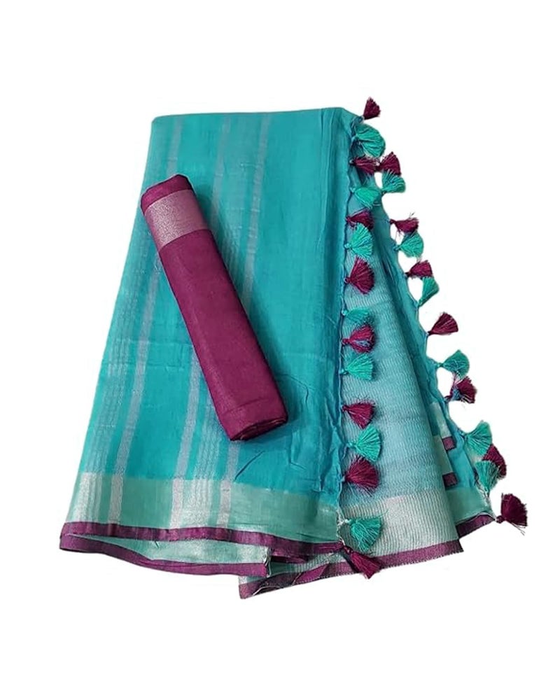 SheenKraft Hadloom Linen Cotton Blend Bhagalpuri Contrast Saree for Women (Turquoise-Pink) - Image 4