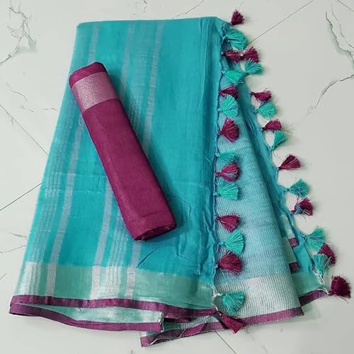 SheenKraft Hadloom Linen Cotton Blend Bhagalpuri Contrast Saree for Women (Turquoise-Pink) - Image 2
