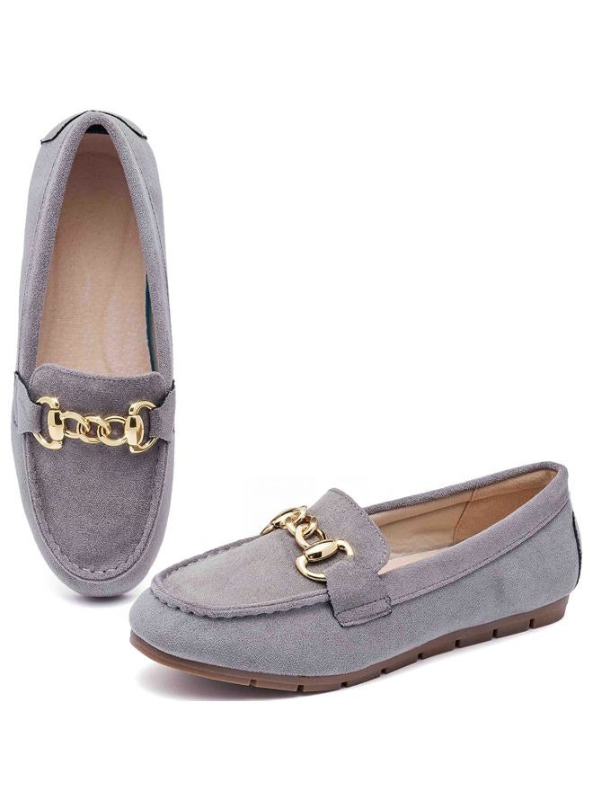 ABEJOJO Women's Loafer Shoes, Comfortable Slip on Casual Flat Penny Shoes for Walking, Driving, Dressy, Grey Suede, 8