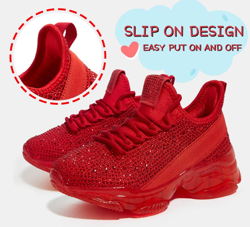 LUCKY STEP Girls Rhinestone Slip On Sneakers Kids Sparkly Lightweight Tennis School Knit Jelly Sole Glitter Walking Shoes Toddler(Red Rhinestone,Toddler 10) - Image 3