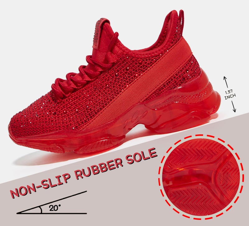 LUCKY STEP Girls Rhinestone Slip On Sneakers Kids Sparkly Lightweight Tennis School Knit Jelly Sole Glitter Walking Shoes Toddler(Red Rhinestone,Toddler 10) - Image 4