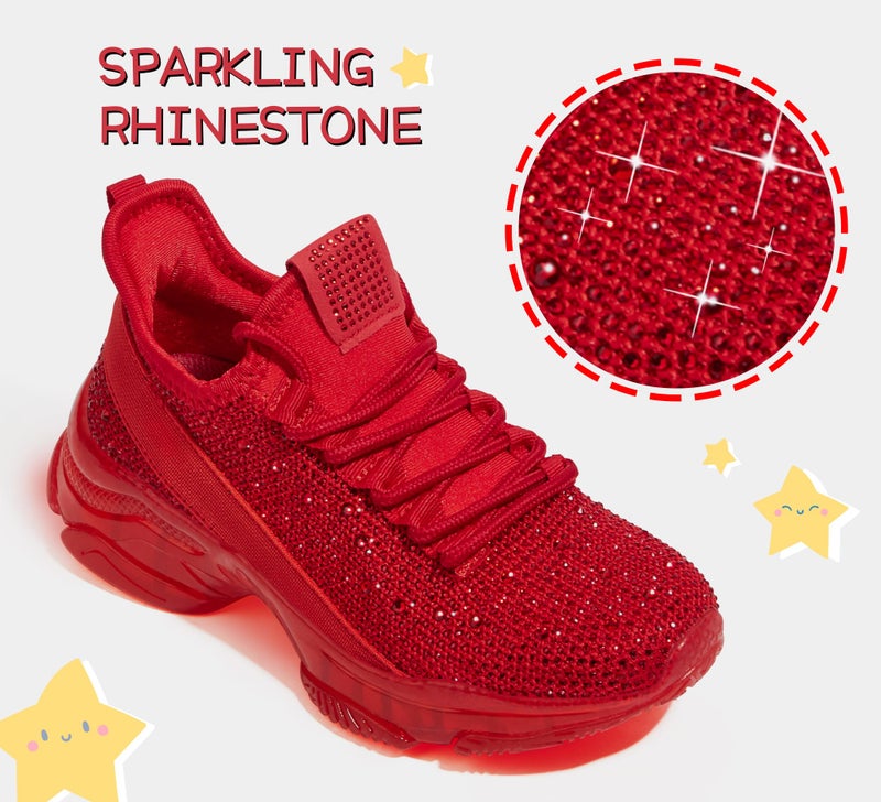 LUCKY STEP Girls Rhinestone Slip On Sneakers Kids Sparkly Lightweight Tennis School Knit Jelly Sole Glitter Walking Shoes Toddler(Red Rhinestone,Toddler 10) - Image 2