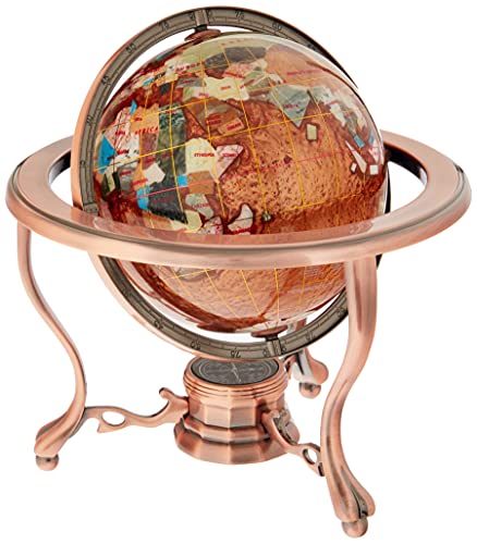Unique Art Since 1996 Unique Art 10Inch Tall Table Top Amberlite Pearl Swirl Ocean Gemstone World Globe with Copper Tripod Stand - Image 1