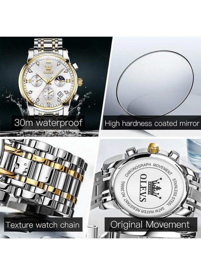 أوليفز ساعة  للرجال كرونوغراف ألماس أبيض كوارتز تاريخ تقويم طور القمر فاخرة بلونين من الفولاذ المقاوم للصدأ ساعة يد مضيئة للأعمال - Image 4