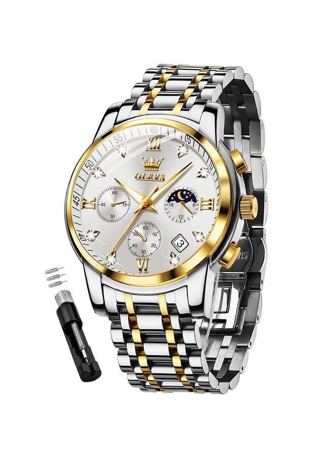 أوليفز ساعة  للرجال كرونوغراف ألماس أبيض كوارتز تاريخ تقويم طور القمر فاخرة بلونين من الفولاذ المقاوم للصدأ ساعة يد مضيئة للأعمال - Image 1