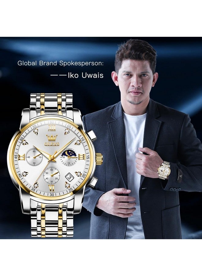 أوليفز ساعة  للرجال كرونوغراف ألماس أبيض كوارتز تاريخ تقويم طور القمر فاخرة بلونين من الفولاذ المقاوم للصدأ ساعة يد مضيئة للأعمال - Image 2