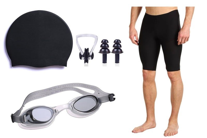 SLYK Complete Swimming Kit Combo Swimming Jammer, Swim Goggle, Swim Cap, 1 pc Nose Clip and 2 pc Ear Plugs for Kids, Adults, Men and Women (BLACK, XS) - Image 1