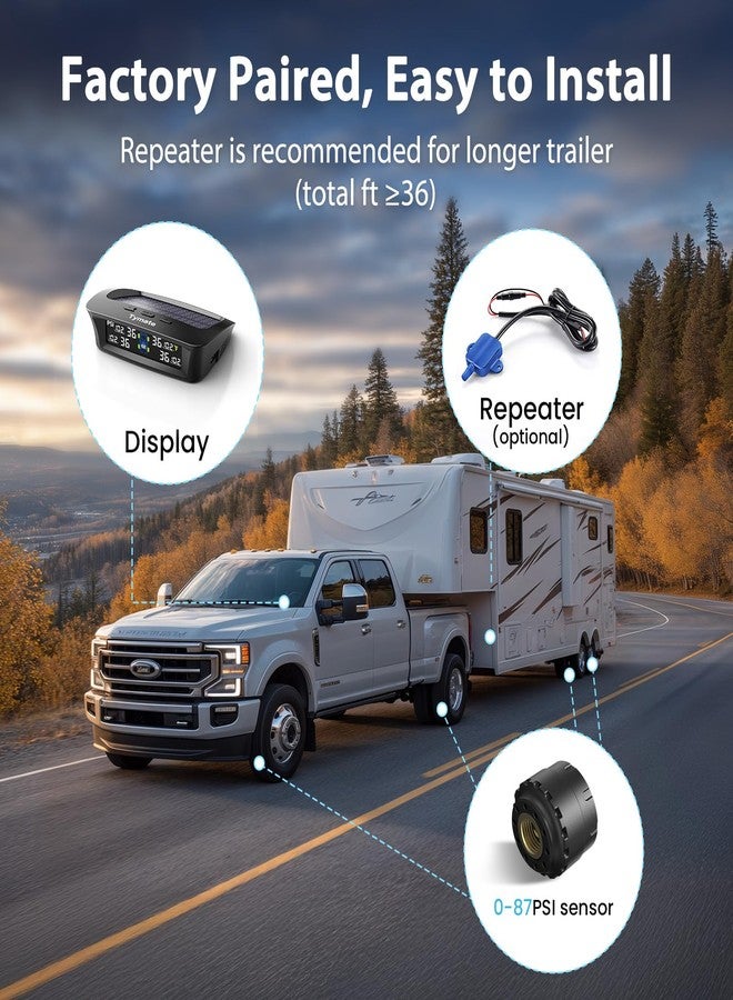 Tymate RV Tire Pressure Monitoring System, Tire Pressure Monitor with Solar Charge, TPMS with 4 Sensors & 5 Alarm Modes, M12-3 TPMS 2024 Updated w/Color LCD Display, 0-87PSI for RV/Trailer/Truck/Sedan - Image 4