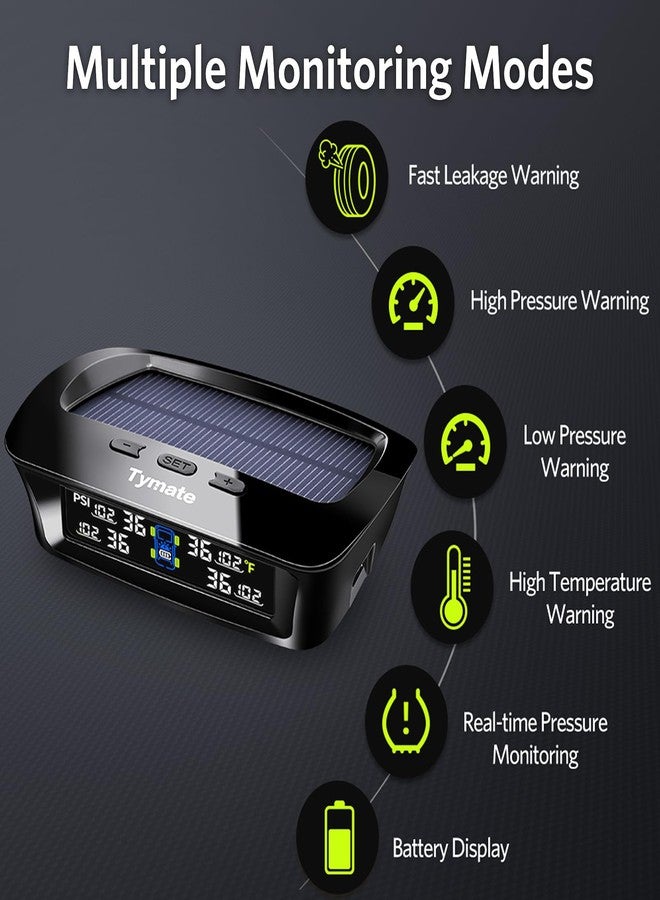 Tymate RV Tire Pressure Monitoring System, Tire Pressure Monitor with Solar Charge, TPMS with 4 Sensors & 5 Alarm Modes, M12-3 TPMS 2024 Updated w/Color LCD Display, 0-87PSI for RV/Trailer/Truck/Sedan - Image 3