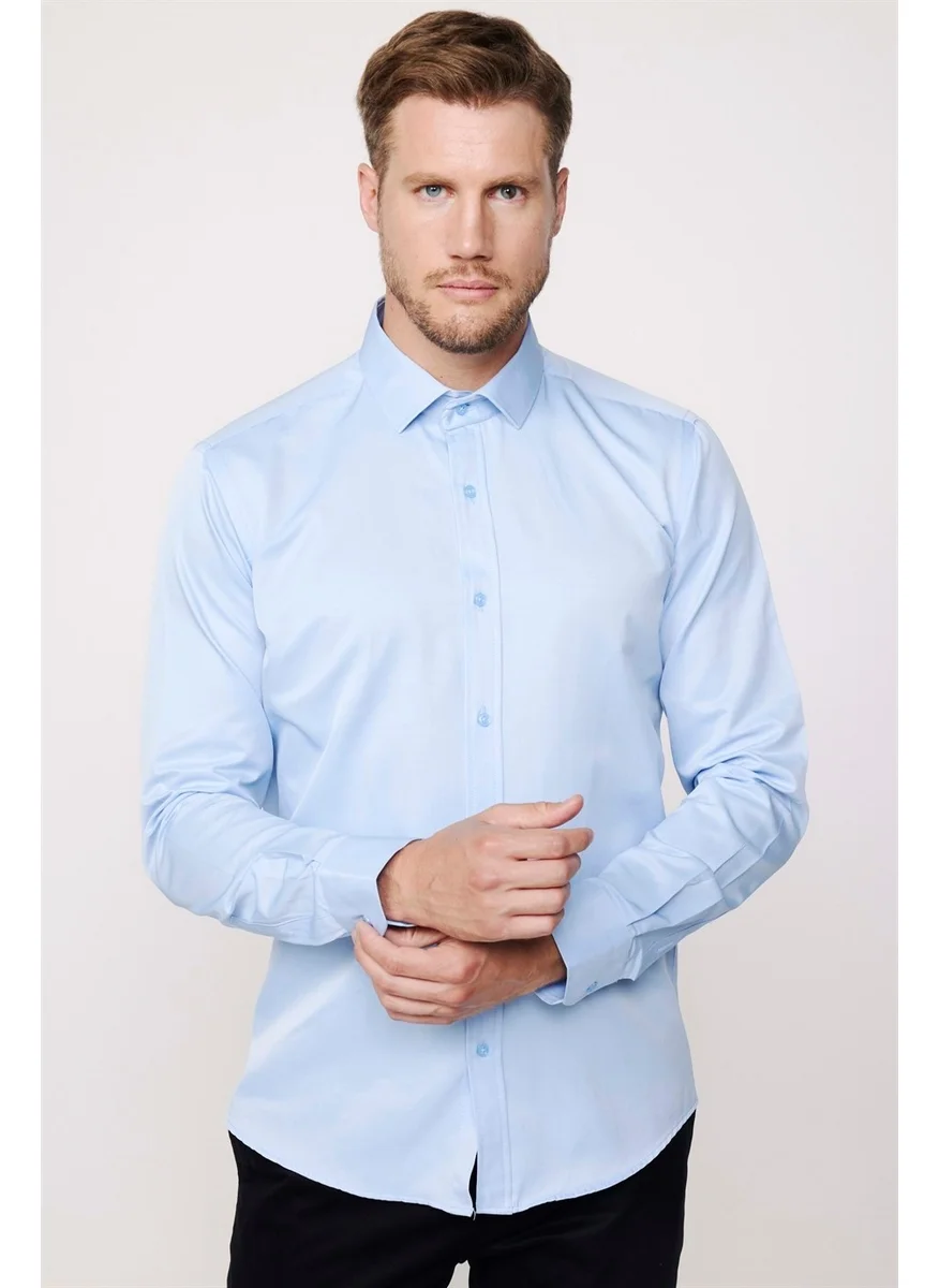 Tudors Modern Slim Fit Plain Satin Cotton Men's Sax Blue Shirt