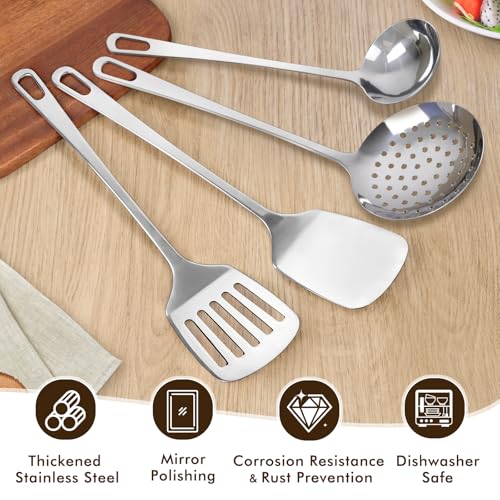 MemoGem 4 Pcs Cooking Utensils Set, Stainless Steel Kitchen Utensils, Heat Resistant Metal Kitchen Tools Include Solid & Slotted Turner Wok Spatula, Serving Spoon, Ergonomic Handle, Easy to Clean, Silver - Image 3