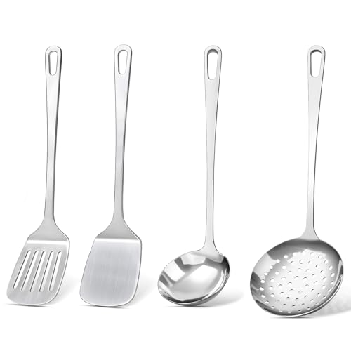 MemoGem 4 Pcs Cooking Utensils Set, Stainless Steel Kitchen Utensils, Heat Resistant Metal Kitchen Tools Include Solid & Slotted Turner Wok Spatula, Serving Spoon, Ergonomic Handle, Easy to Clean, Silver - Image 1