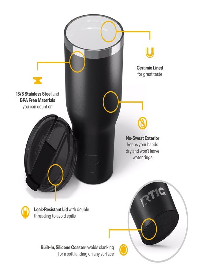 RTIC 40oz Essential Tumbler with Lid, Ceramic Lined, Insulated, Stainless Steel, Metal, Double Wall Vacuum-Insulation, Travel Cup for Iced Coffee, Tea, Hot and Cold Drink, Black - Image 4